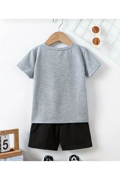 vinraus Girl\Boy Gray-Black Man Printed Shorts-Tshirt Set