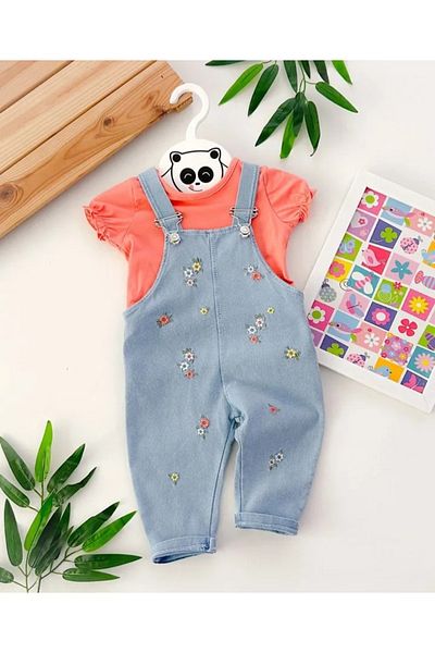 caliskanonline Flower Patterned Baby Girl 2-Piece Denim Salopet
