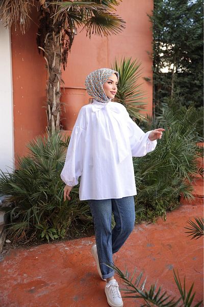 HİFADEN Women's Bow Detailed Hidden Zipper Balloon Sleeve Hijab Shirt