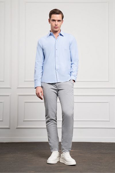 Morven Cămașă albastră pentru bărbați, slim fit, cu guler sport dur