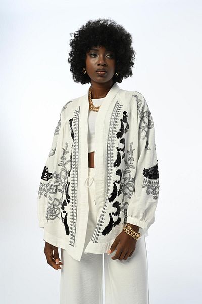 novon Giardini Flying Birdl Embroidery Oversize Linen Kimono