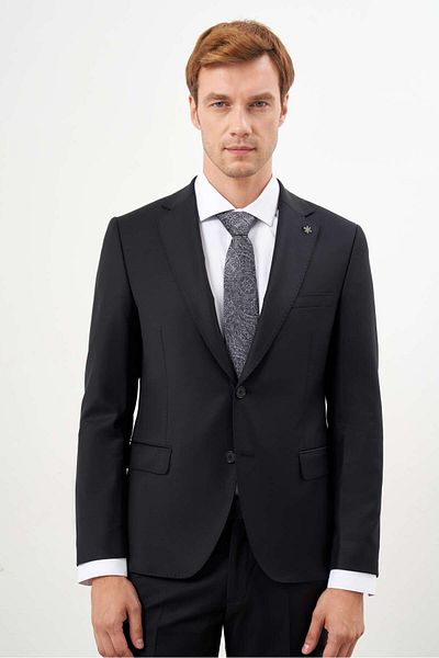 Morven Men's Black Wool Platinum Plain Pattern Slim Fit Mono Collar Suit