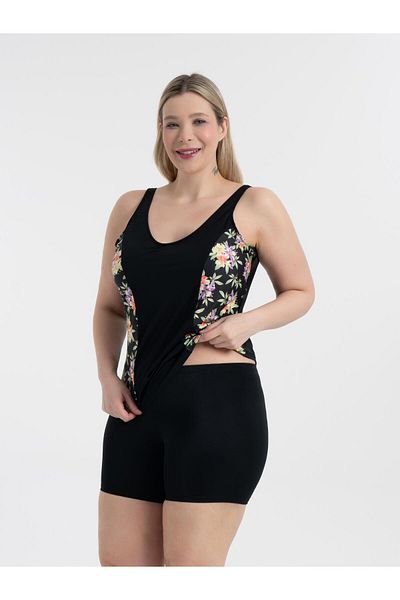 AQUAVİVA Aquaviva Women's Plus Size Black Lilac Print Pamela Tankini with V Neck Shorts