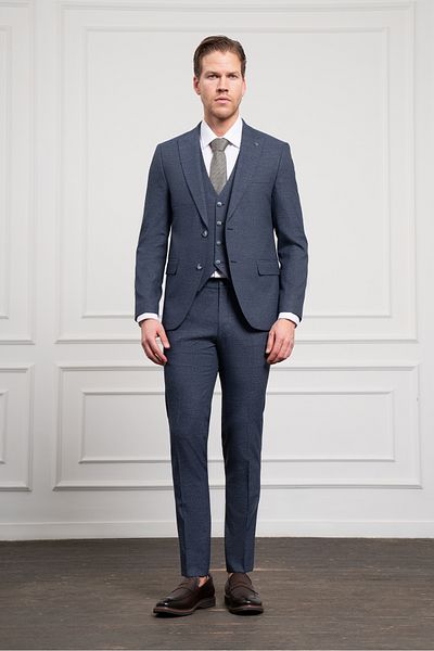 Morven Men's Navy Blue Polyviscon Trend Vest Patterned Slim Fit Pointed Collar Suit