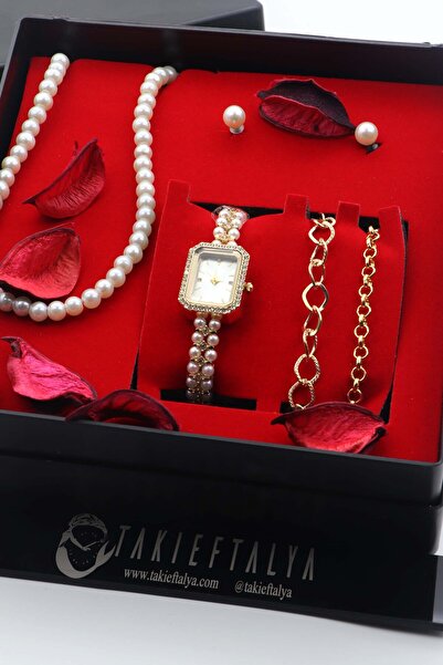 nw northwatch Minimal Dikdörtgen Kasa İncili Kadın Kol Saati Seti