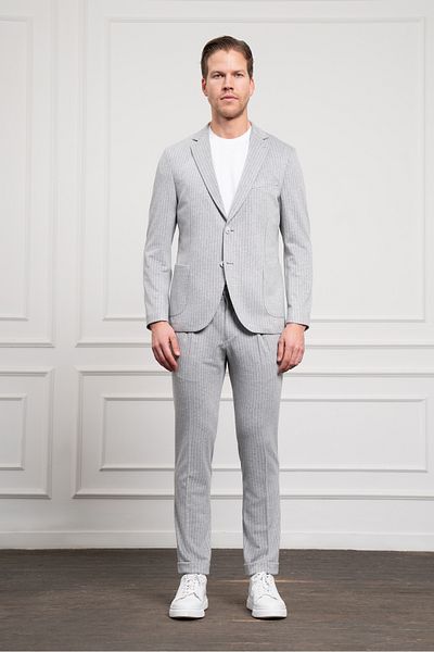 Morven Men's Gray Polyviscon Trend Knitted Striped Slim Fit Mono Collar Suit