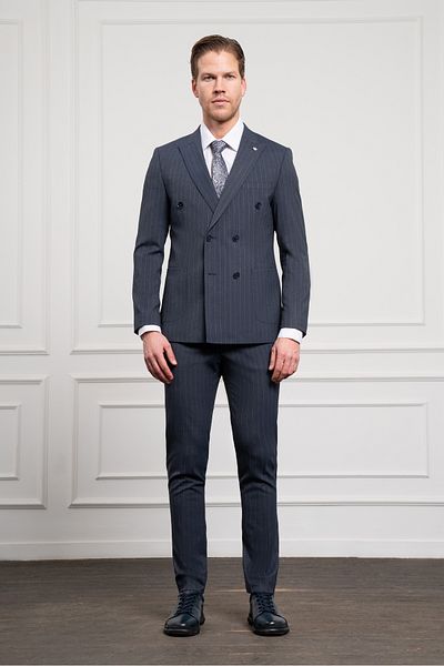 Morven Men's Navy Blue Trend Slim Fit Pointed Collar Double Breasted Suit
