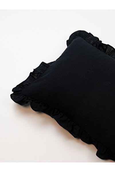 Galia Tasarım Black Bohemian Frilly Linen Throw Pillow Cover - Rectangle Washed