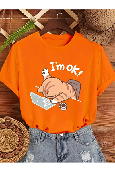 l'eivor تي شيرت نسائي مطبوع بتصميم I'm Ok Cat