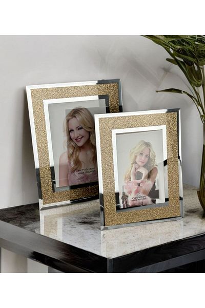 PEKİBU Set of 2 Gold Glitter Mirrored Frames