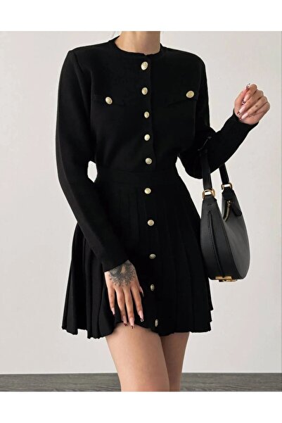 STF MODA سترة صغيرة بتفاصيل أزرار، بدلة تريكو مزدوجة