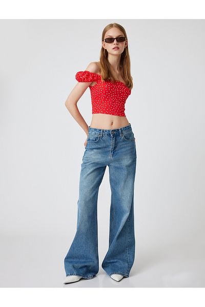 Koton New Season Balloon Sleeve Off-The-Shoulder Blouse Polka Dot Madonna Collar Wrap