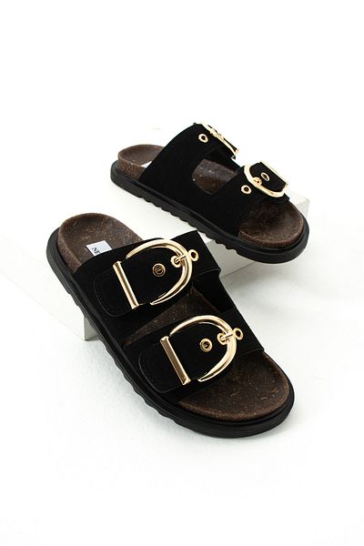 Neva'nın Butiği Fauda Double Buckle Comfortable Sole Suede Women's Slippers