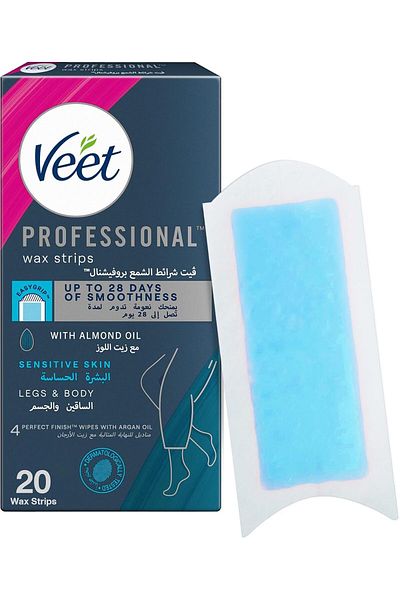 Veet Hair Removal Easy-Gel Wax Strips Body & Legs for Sensitive Skin, Soothing Almond Oil and Cornfl