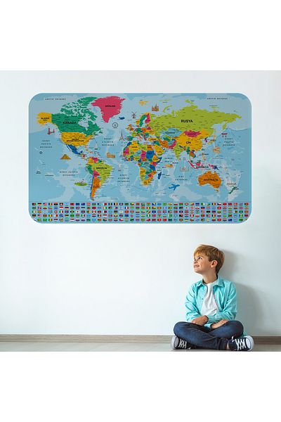 Harita Sepeti Turkish World and Turkey Map Educational Country Flag Children's Room Teenager's Room Wall Sticker-3865B