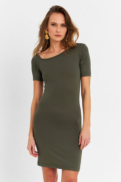 Cool & Sexy Γυναικείο Μίνι Φόρεμα Χακί με έναν ώμο ανοιχτό EY3079