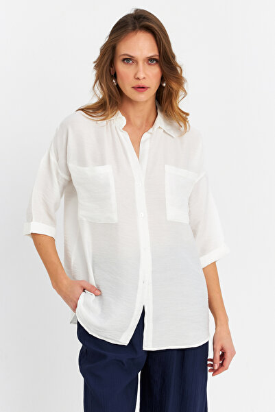 Cool & Modest Kadın Ekru Keten Gömlek MELT170