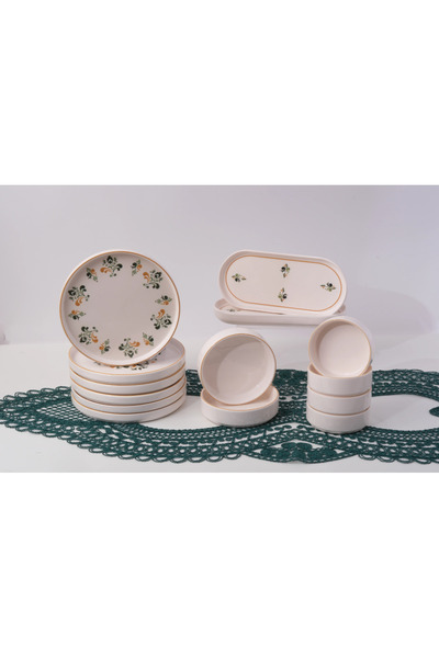 Penguen 14 Piece Breakfast Set Handmade - Natural Kutahya Ceramic, Special De...