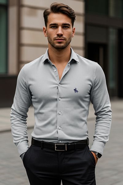 Trendyol Collection Khaki Regular Fit hímzésű részletes okos ing TMNAW25GO00036