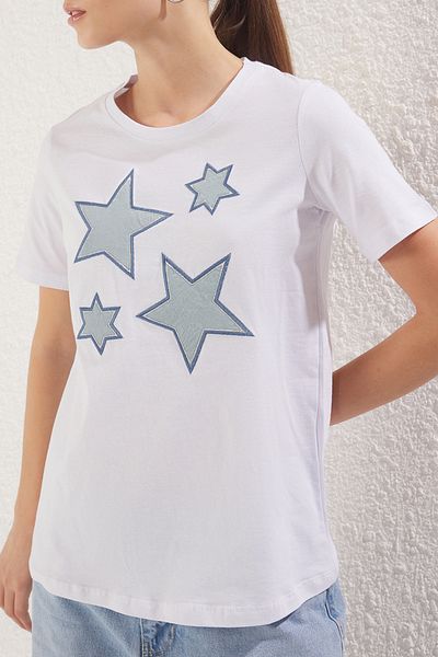 Edit by Trendyol White Star Embroidery Regular/Normal Fit Knitted T-Shirt Tedss25Ts00003