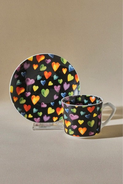 Karaca Black Love 2 - Round and Heart Patterned 80 ml Coffee Cup
