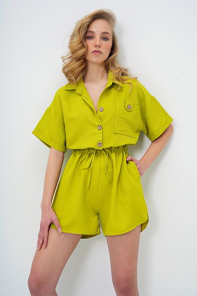 Trend Alaçatı Stili Damen-Overall in Ölgrün mit Hemdkragen und doppelter Tasche, ALC-X11611