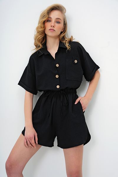 Trend Alaçatı Stili Női fekete inggalléros dupla zsebes rövidnadrág jumpsuit ALC-X11611