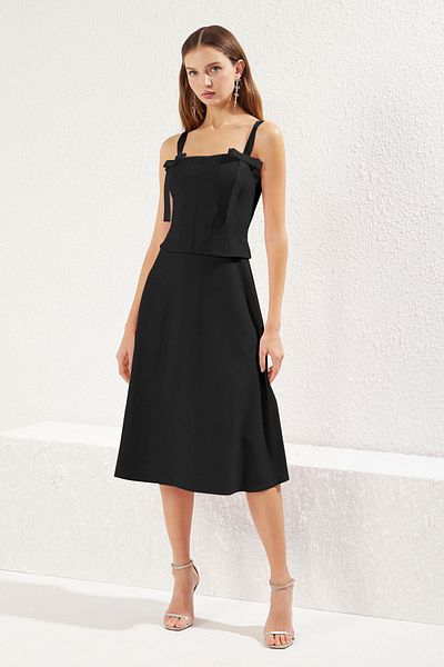 Trendyol Collection Black A-Line Bow Detail Woven Stylish Midi Evening Dress Night Graduation Dress Tprss25El00079