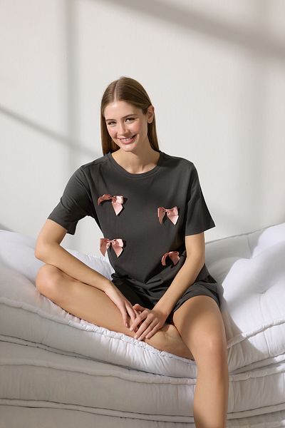Trendyol Collection Anthracite 100% Cotton Ribbon/Bow Shorts Knitted Pajamas Set Thmss25Pt00376