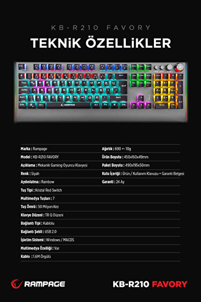 Rampage Kb-r210 Favory Rainbow Aydınlatmalı Kristal Blue Switch Mekanik Gaming Oyuncu Klavyesi