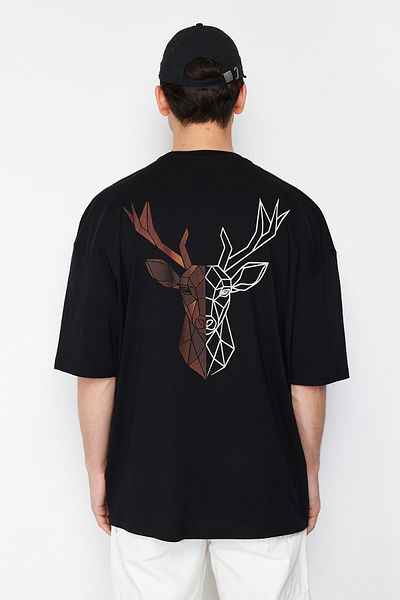 Trendyol Collection Πίσω Animal printed μαύρο βαμβακερό μπλουζάκι μεγάλου μεγέθους - TMNSS25TS00117