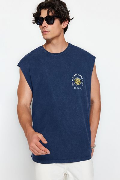 Trendyol Collection Indigo Pale Effect Printed Cotton Undershirt - Oversize TMNSS23AL00009