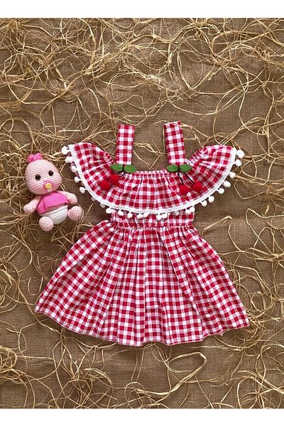 FK HERA STORE Baby Girl Checkered Cherry Detailed Luxury Dress with Sleeve Top Detail