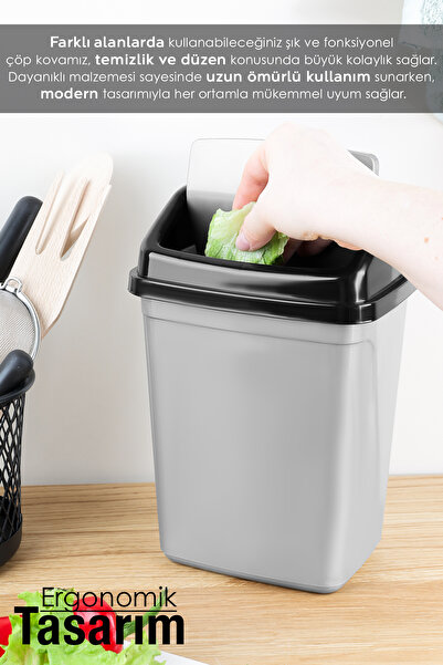 Meleni Home 5 Litre Kapaklı Plastik Çöp Kovası - Ev Ofis Banyo Mutfak Tezgah Üstü Çöp Kovası Gri
