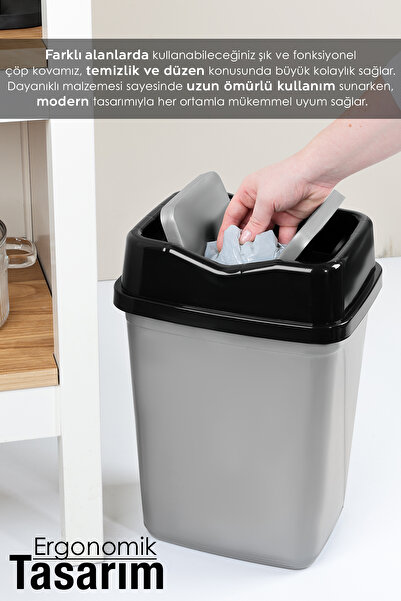 Meleni Home 10 Litre Çift Kapaklı Plastik Çöp Kovası - Ev Ofis Banyo Mutfak Çöp Kovası Gri