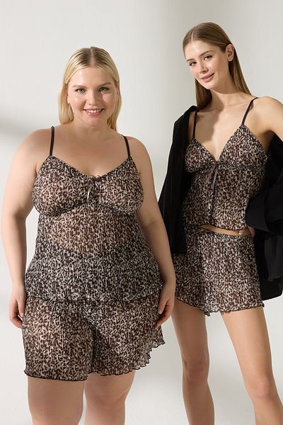 Trendyol Collection Leopard Ribbon/Bowknot Pleated Shorts Woven Pajamas Set Thmss25Pt00319