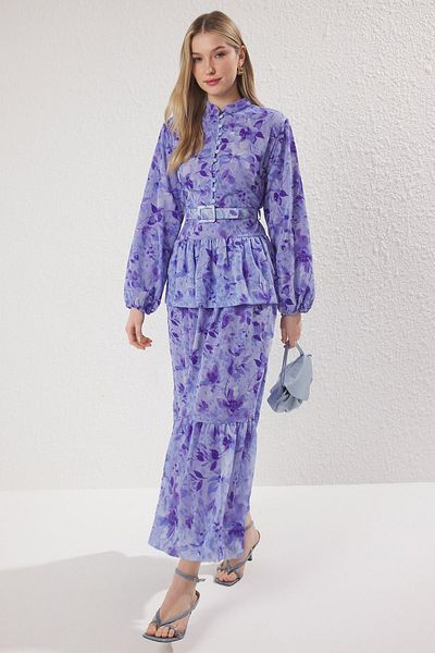 Trendyol Modest Lila virágmintás sifon bélésű szőtt ruha TCTSS25EB00056