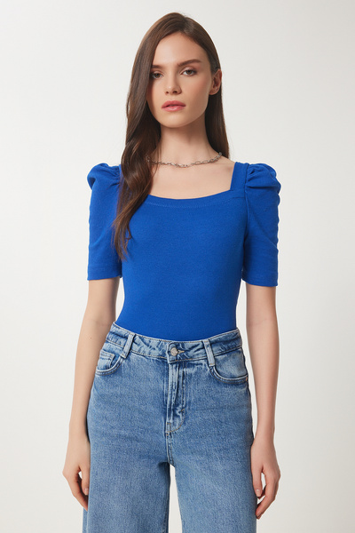 Happiness İstanbul Női sötétkék szögletes nyakú bordás blúz GT00007