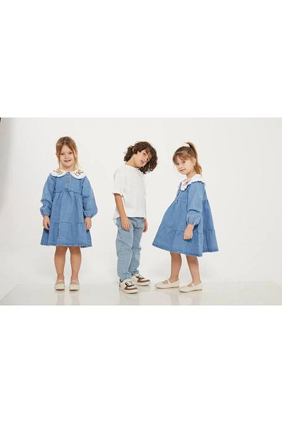 Kids Denim Dress with Bird Embroidery Detail on the Collar