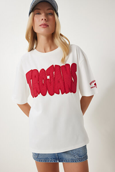 Happiness İstanbul Dámské bavlněné tričko Ecru Slogan Beaded CR00463