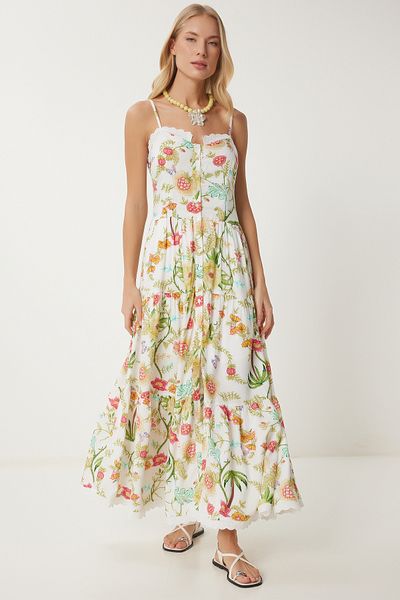 Happiness İstanbul Weißes, gelbes, floral gemustertes, gewebtes Sommerkleid für Damen FN03458