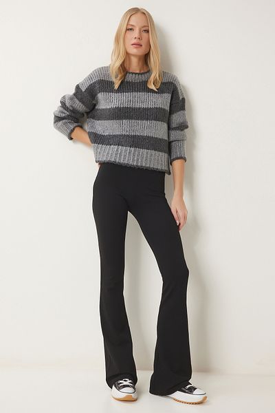 Happiness İstanbul Schwarze Damen-Strickleggings mit hoher Taille und ausgestelltem Bein XR00023