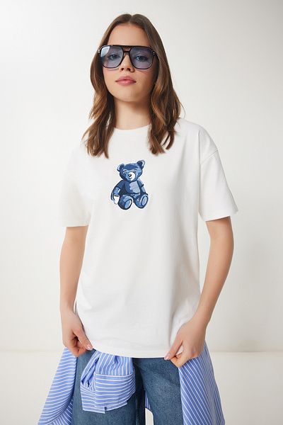 Happiness İstanbul Women's Ecru Teddy Bear Embroidered Cotton Oversize Knitted T-Shirt Cr00460