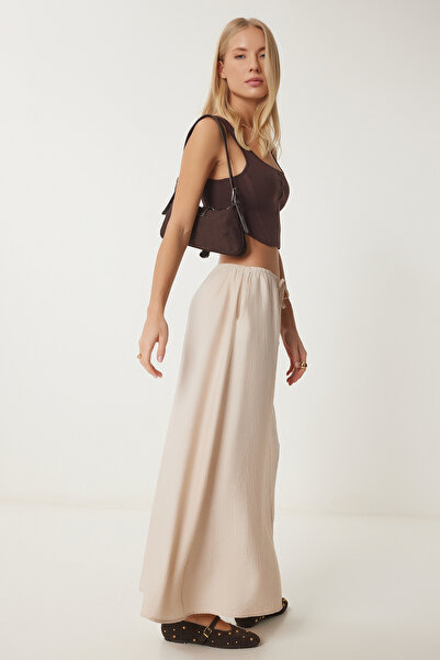 Happiness İstanbul Γυναικεία κρεμ υφαντή φούστα με εφέ καλοκαιρινής φουσκωτής υφής UB00305