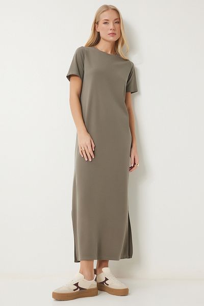 Happiness İstanbul Khakifarbenes Basic-Sommer-Modalkleid für Damen SJ00002