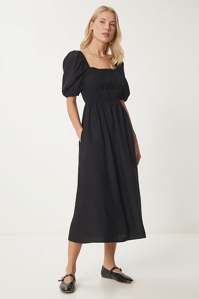 Happiness İstanbul Women's Black Wrinkle Effect Balloon Sleeve Midi Dress Ub00315