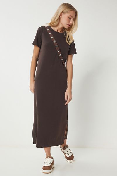 Happiness İstanbul Braunes Basic-Sommer-Modalkleid für Damen SJ00002