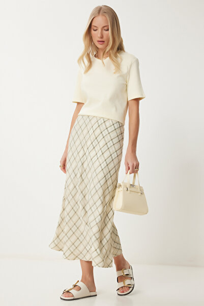 Happiness İstanbul Kadın Haki Krem Kareli Saten Dokuma Etek HC00227