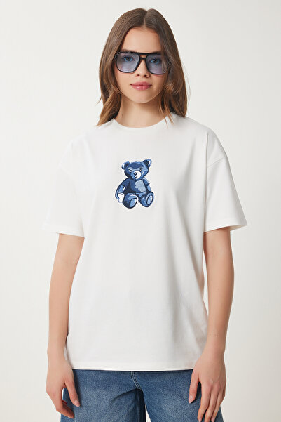 Happiness İstanbul Ecru Teddybär besticktes Baumwoll-Oversize-Strick-T-Shirt für Damen CR00460