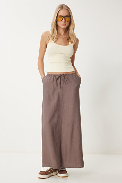 Happiness İstanbul Dámská letní rozšířená tkaná sukně s efektem norkové vrásčité UB00305